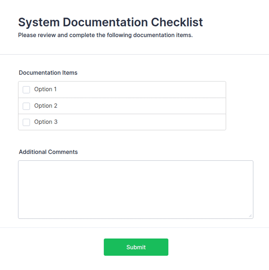 Checklists Document Flow Interface System Documentation Checklist Form Template | Jotform