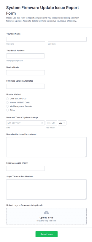 System Firmware Update Issue Report Form Template