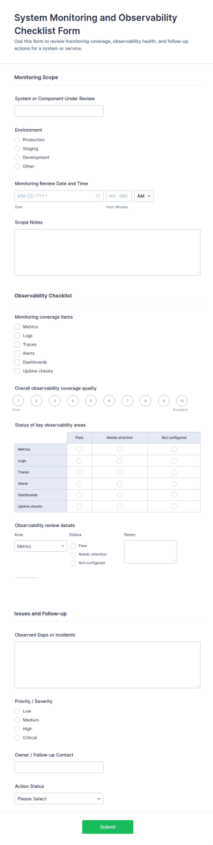 System Monitoring And Observability Checklist Form Template