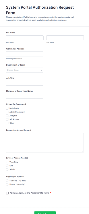 System Portal Authorization Request Form Template