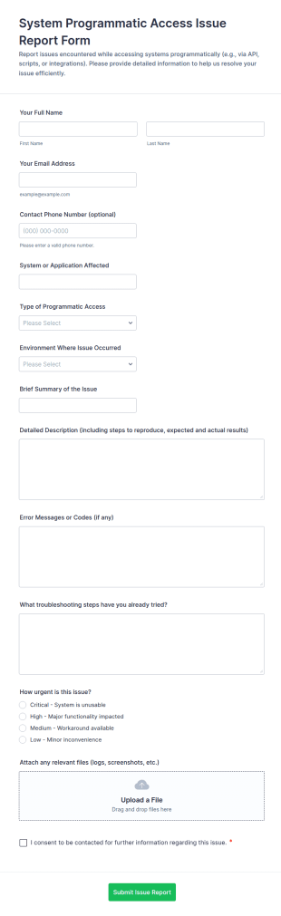 System Programmatic Access Issue Report Form Template