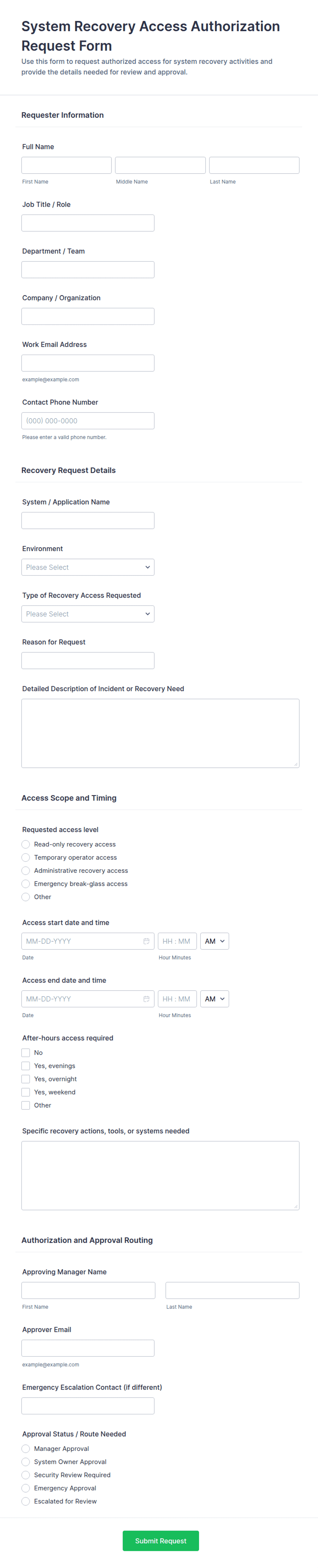 System Recovery Access Authorization Request Form Template | Jotform
