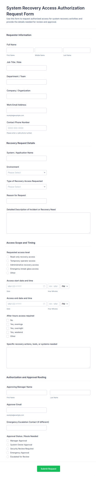 System Recovery Access Authorization Request Form Template