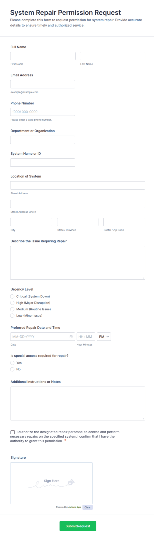 System Repair Permission Request Form Template