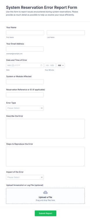 System Reservation Error Report Form Template
