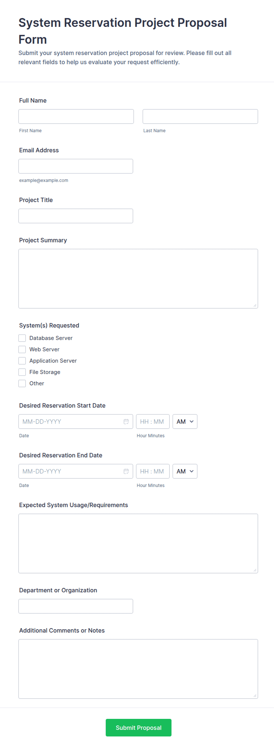 System Reservation Project Proposal Form Template | Jotform