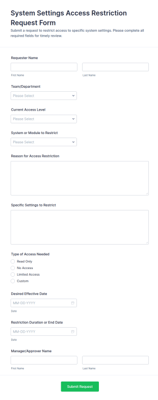 System Settings Access Restriction Request Form Template