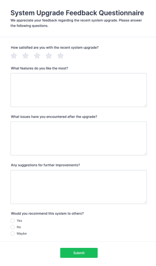 System Upgrade Feedback Questionnaire Form Template