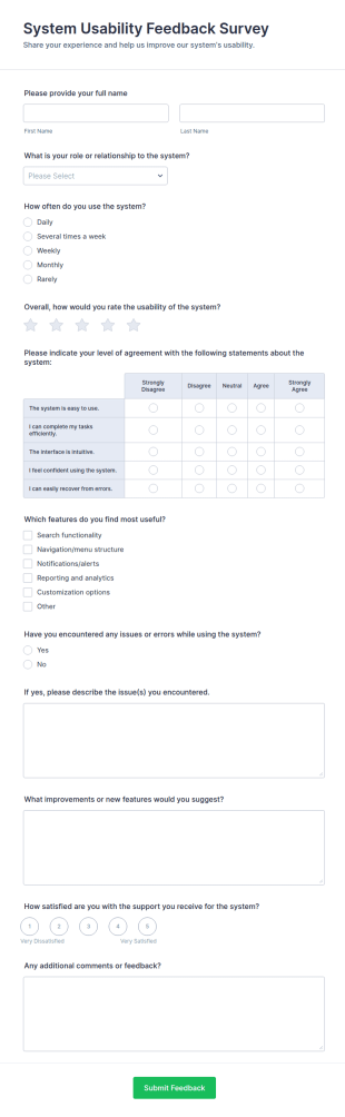 System Usability Feedback Survey Form Template
