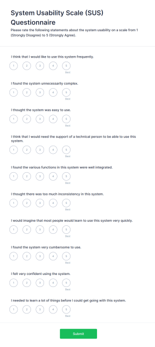 System Usability Scale (SUS) Questionnaire Form Template