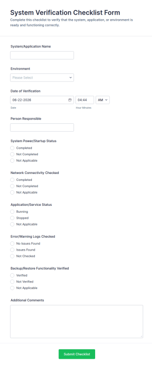 System Verification Checklist Form Template