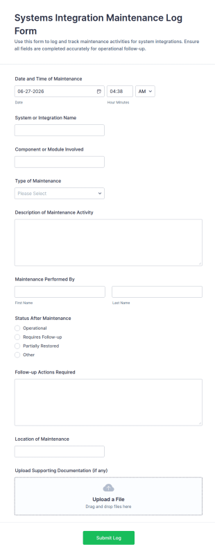 Systems Integration Maintenance Log Form Template