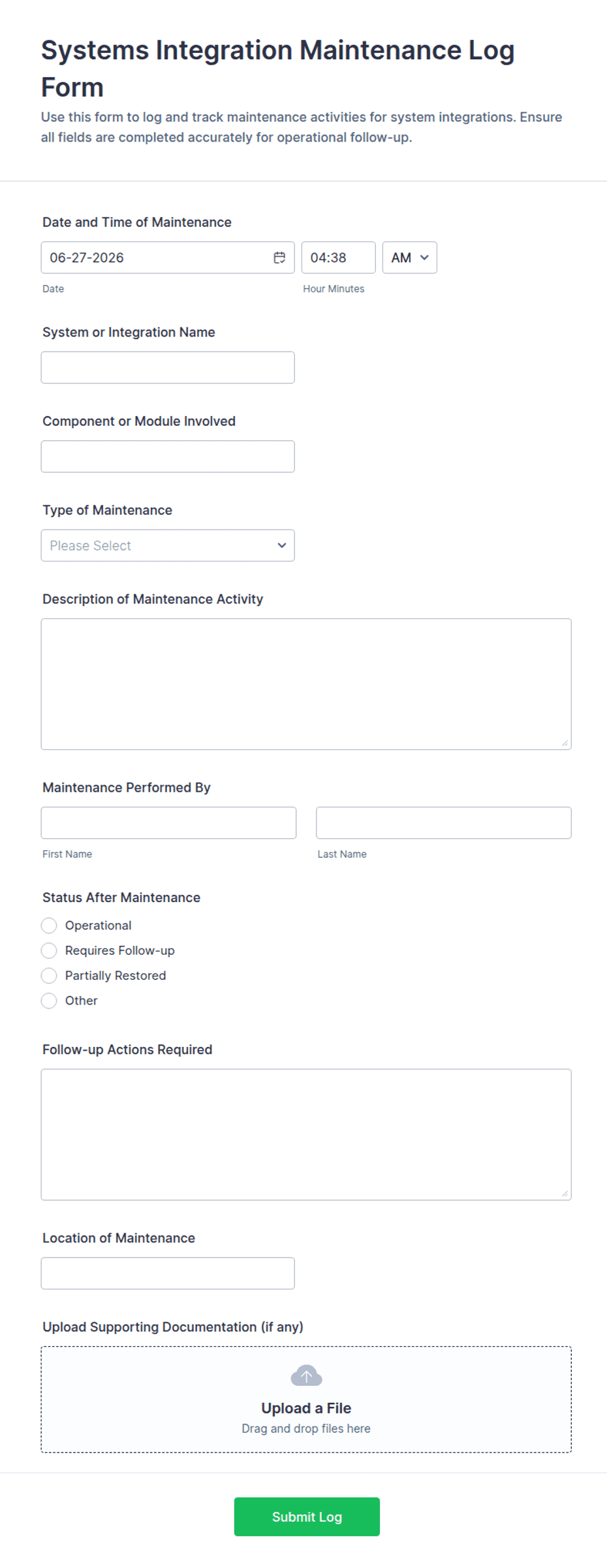 Systems Integration Maintenance Log Form Template | Jotform