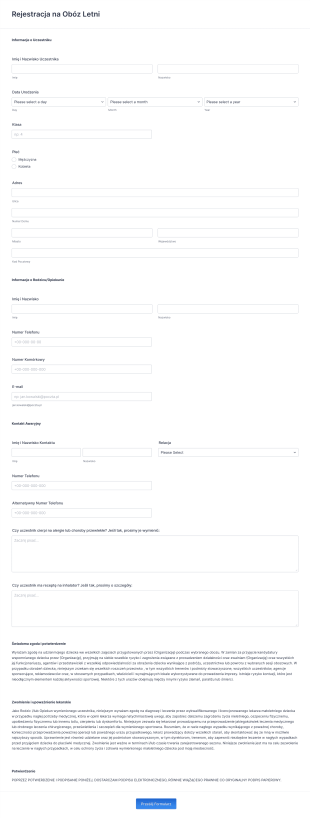 Szczegółowy Formularz Rejestracji Na Obóz Letni Form Template