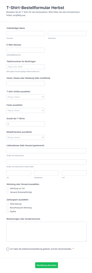 T Shirt Bestellformular Herbst