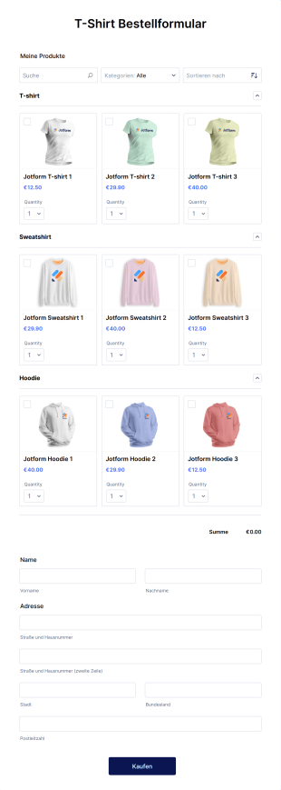 T Shirt Bestellformular