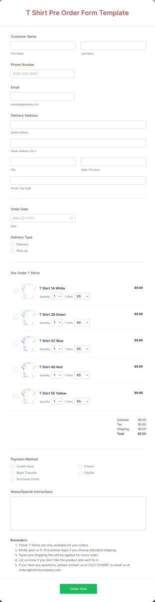 T Shirt Pre Order Form Template
