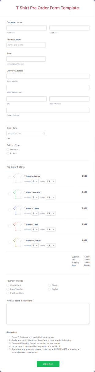 T Shirt Pre Order Form Template