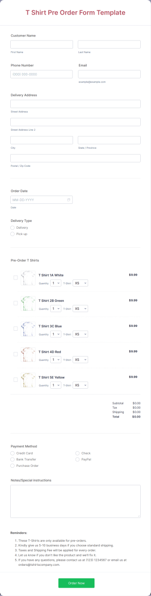 T Shirt Pre Order Form Template