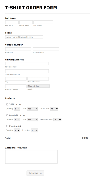 T Shirt Product Order Form Template