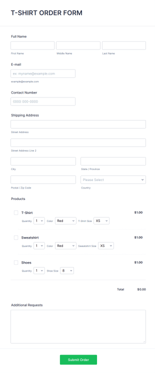 T Shirt Product Order Form Template