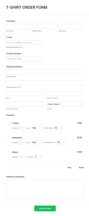 T Shirt Product Order Form Template