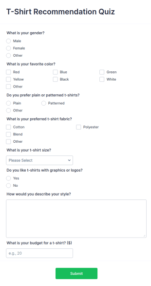 T Shirt Recommendation Quiz Form Template