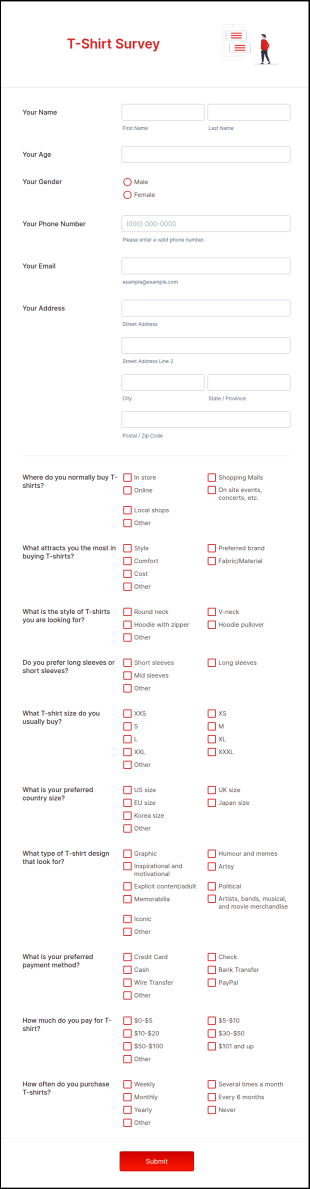 T Shirt Survey Form Template