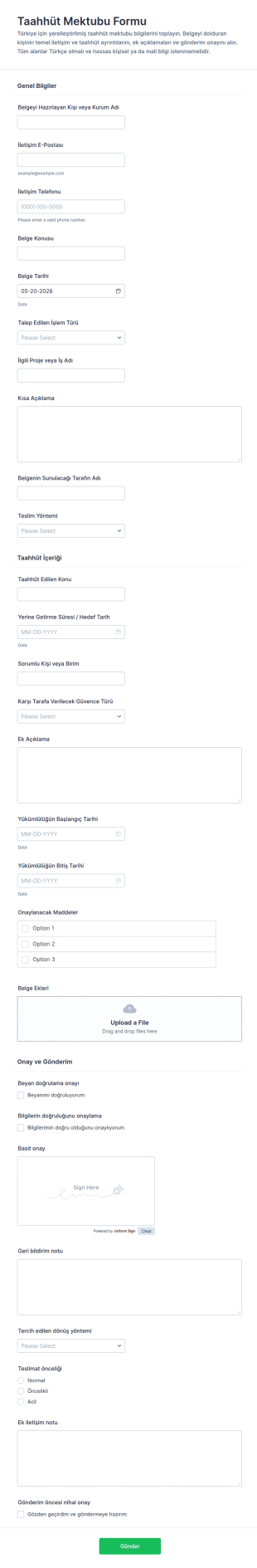 Taahhütname Form Şablonu