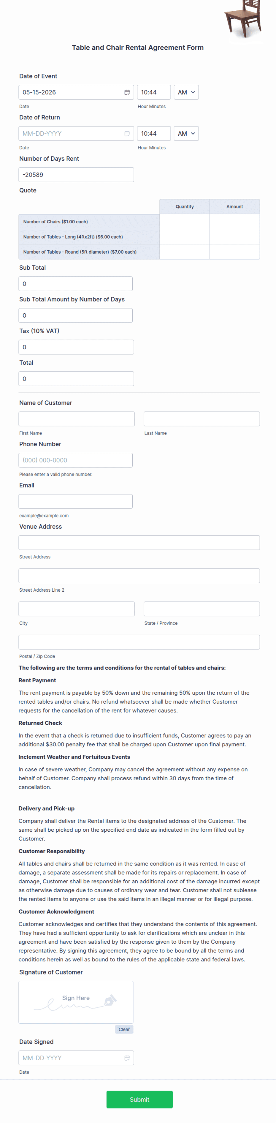 Table and Chair Rental Agreement Form Template | Jotform