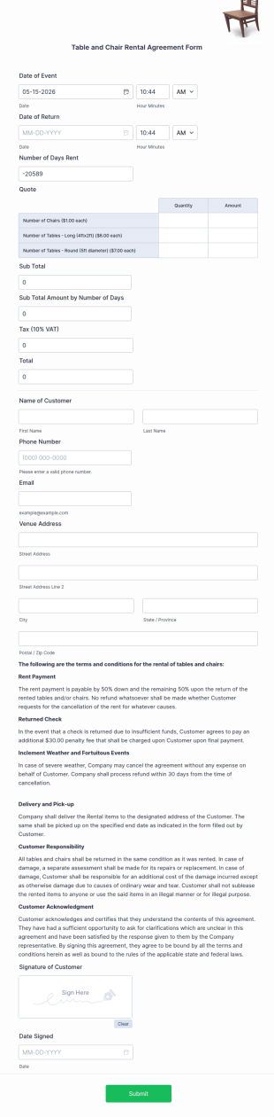 Table And Chair Rental Agreement Form Template