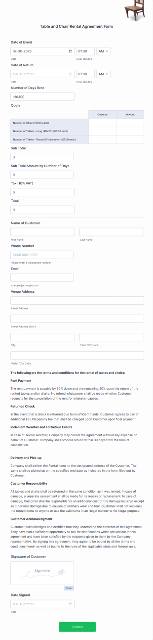 Table And Chair Rental Agreement Form Template