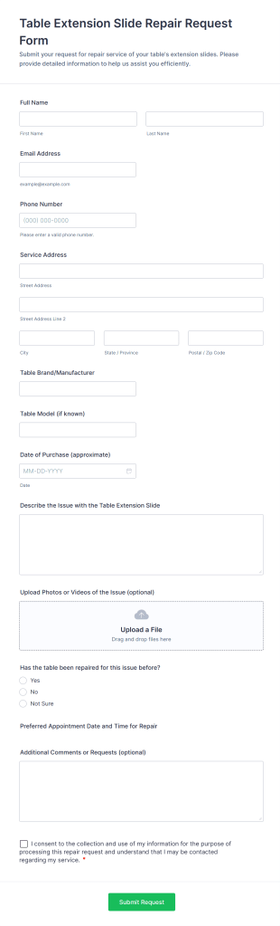 Table Extension Slide Repair Request Form Template
