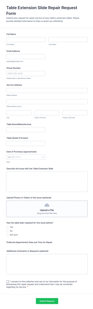 Table Extension Slide Repair Request Form Template