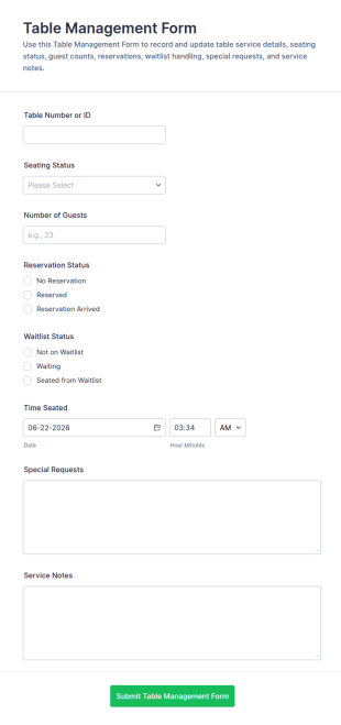 Table Management Form Template