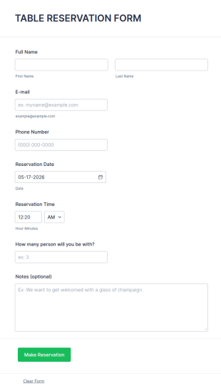 Table Reservation Form Template