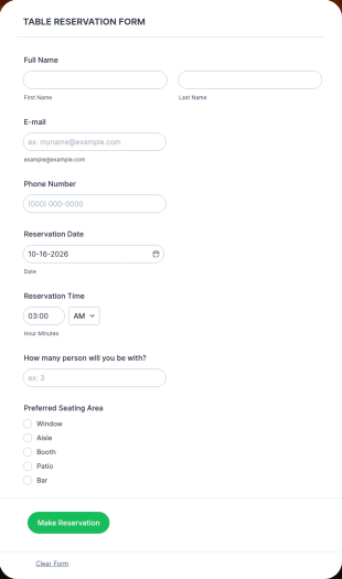 Table Reservation Form Template