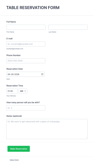 Table Reservation Form Template
