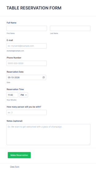 Table Reservation Form Template