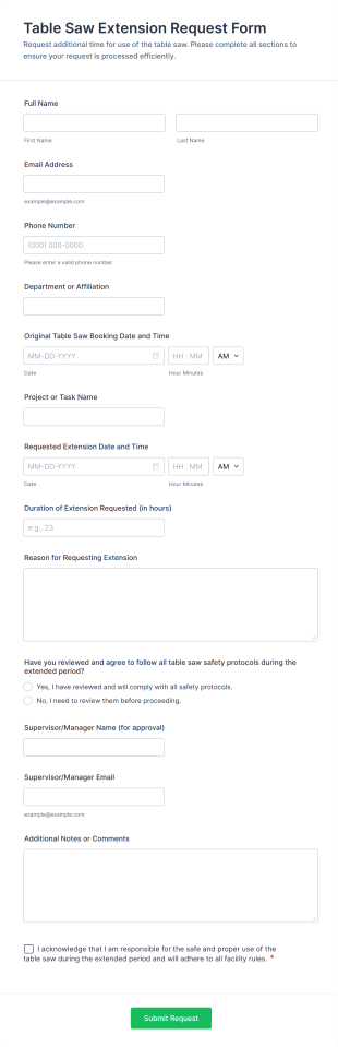 Table Saw Extension Request Form Template