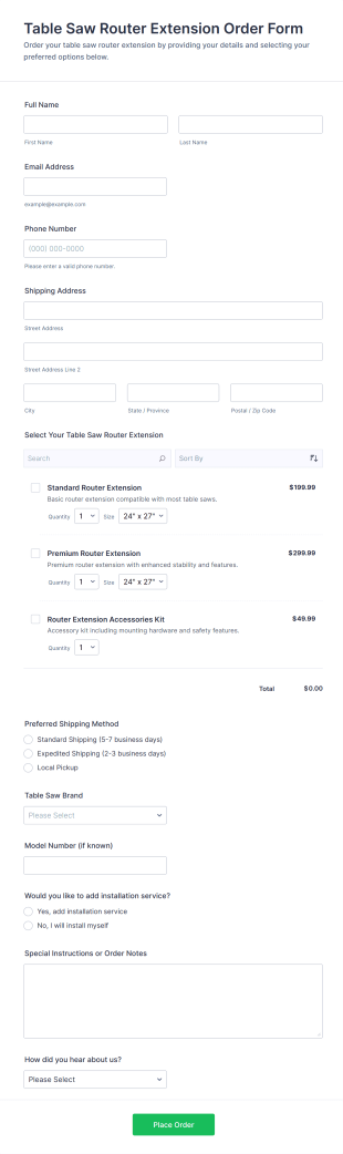 Table Saw Router Extension Order Form Template