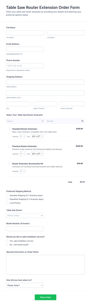 Table Saw Router Extension Order Form Template
