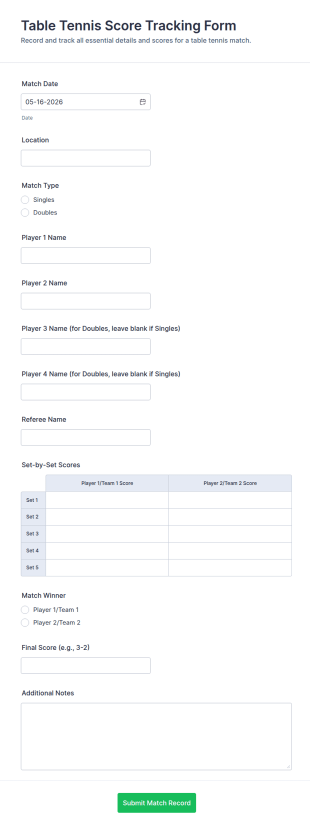 Table Tennis Score Tracking Form Template