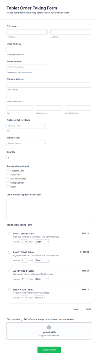 Tablet Order Taking Form Template
