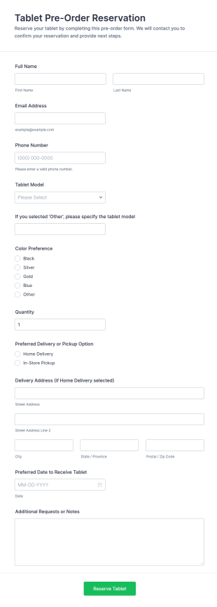 Tablet Pre Order Reservation Form Template