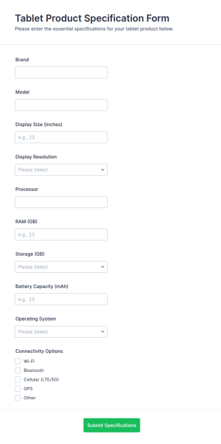 Tablet Product Specification Form Template