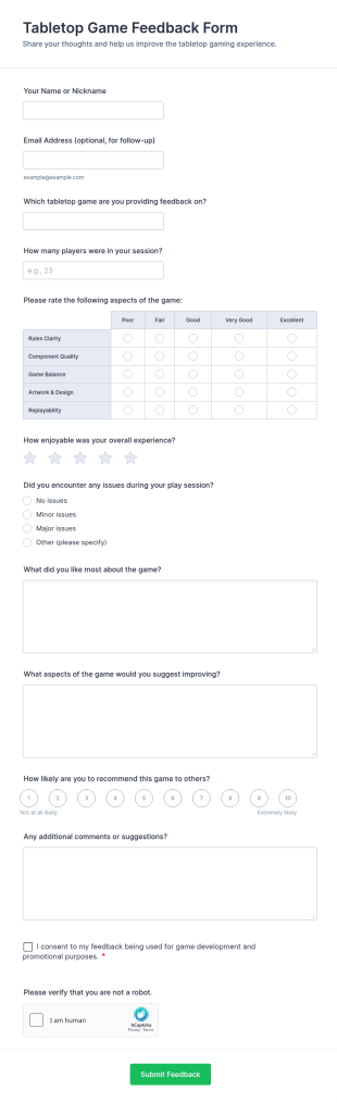 Tabletop Game Feedback Form Template