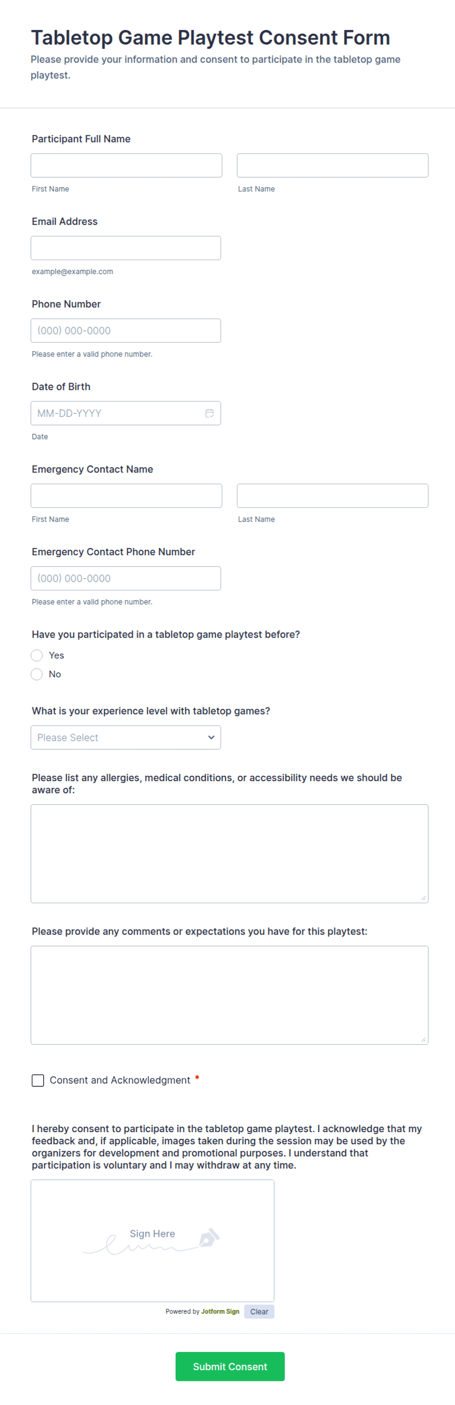Tabletop Game Playtest Consent Form Template | Jotform