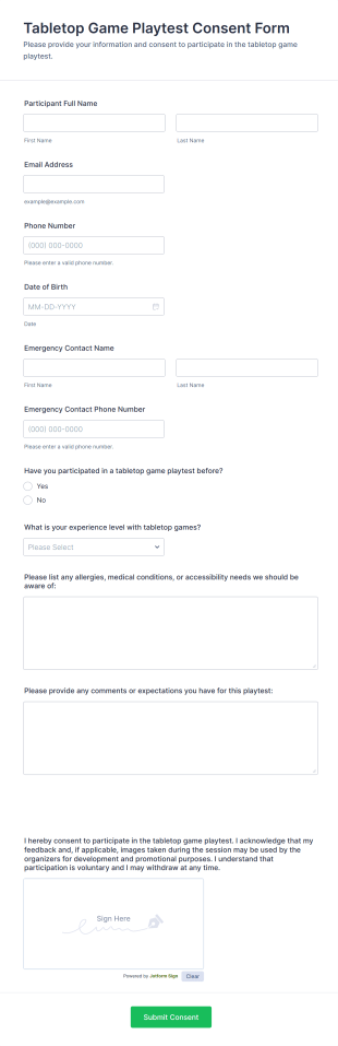 Tabletop Game Playtest Consent Form Template