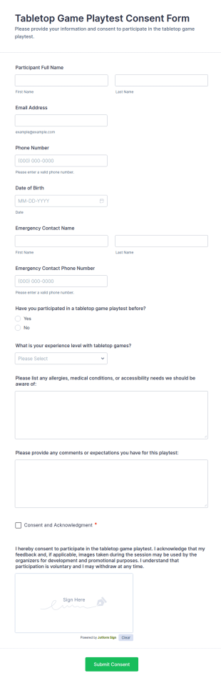 Tabletop Game Playtest Consent Form Template